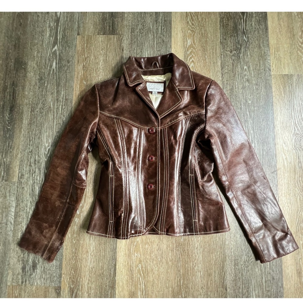 Wilsons Leather Maxima Jacket Women Small Brown Distressed Contrast Stitching